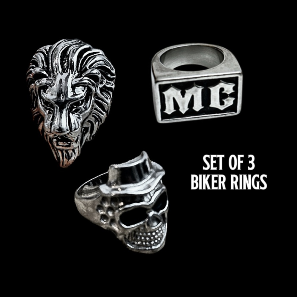 Set of‎ 3 316L Stainless Steel Roaring Lion, Skull & MG Mens Ring size 8.5